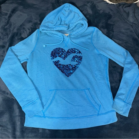 Hollister Tops - Y2K Hollister Blue Heart Sequin Bird Logo Fleece Sweatshirt/Hoodie